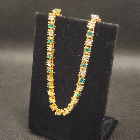 Vintage Tennis Bracelet Emerald And White Crystal Gold 8" - Picture 4 of 5